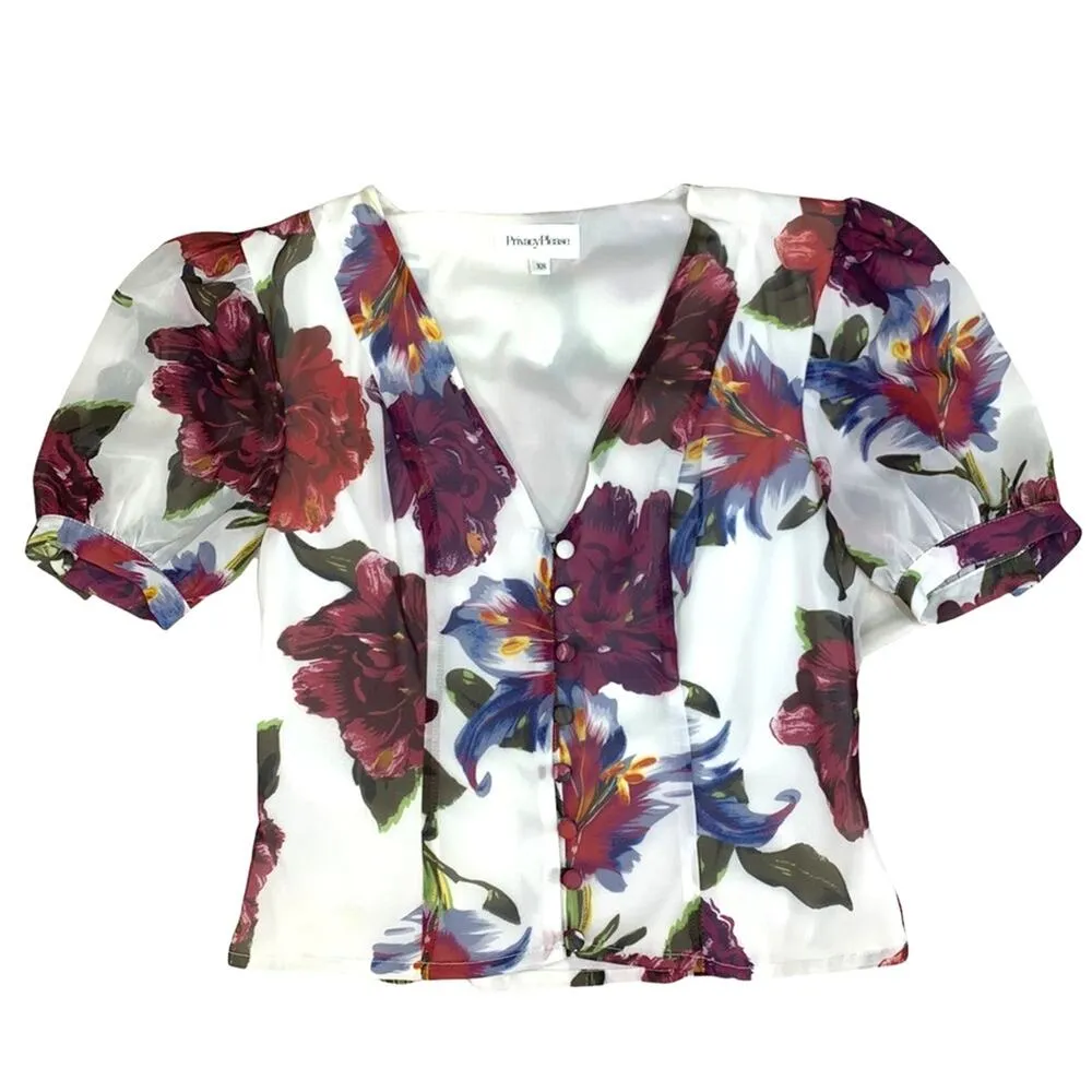 Privacy Please Revolve | XS | Delfina Lilac Floral Cropped Puff Shoulder Blouse - Image 4