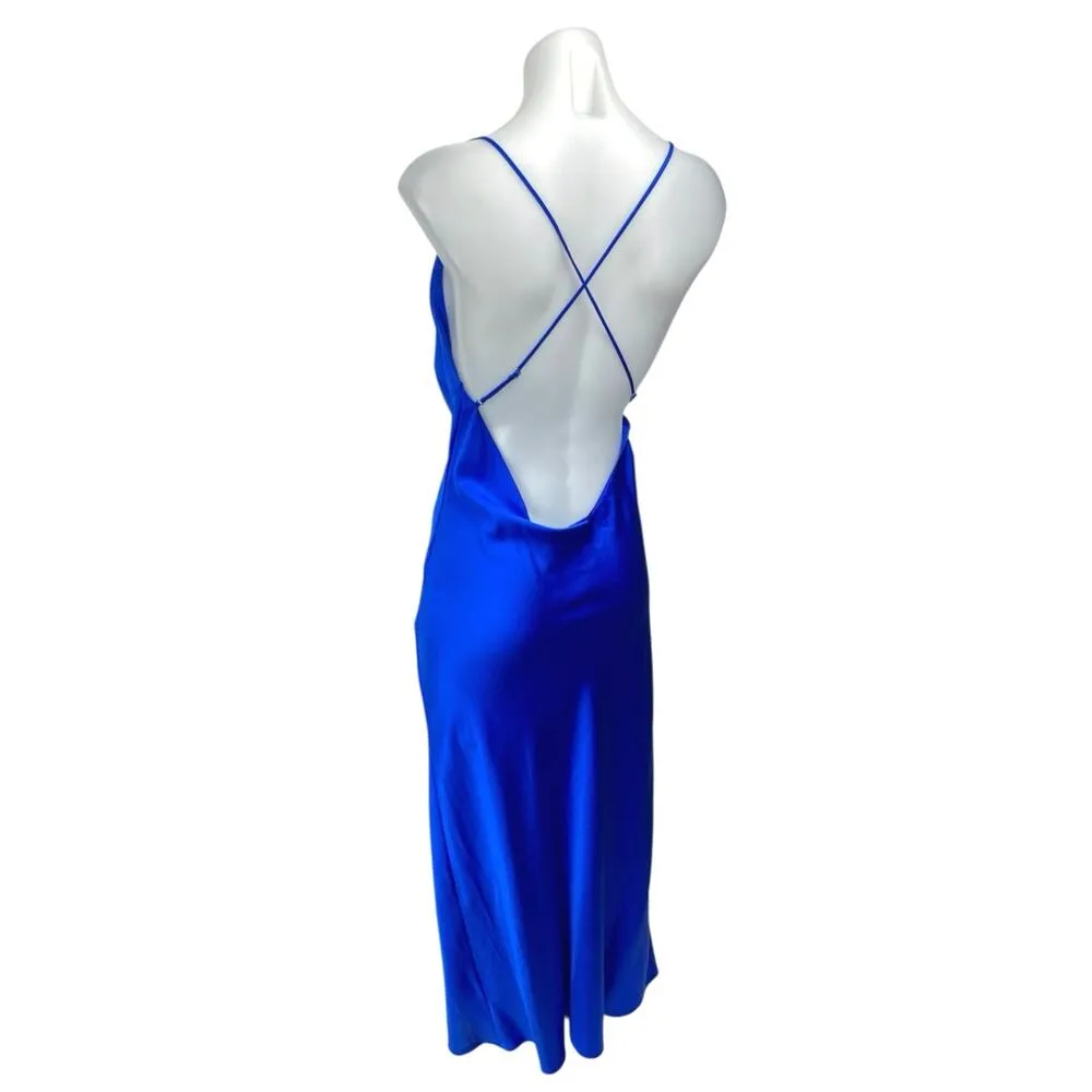 SER.O.YA Blue Silk Satin Sleeveless Cross Back V Neck Midi Slip Dress Size L Size L - Image 2