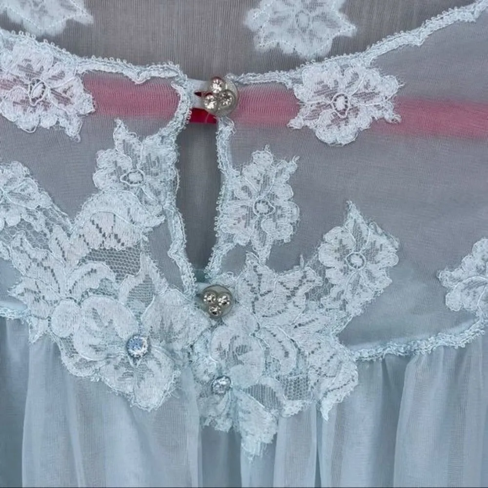 vintage 1950 kayser nightgown and robe set double layer tulle chiffon lace sleep Blue - Image 6