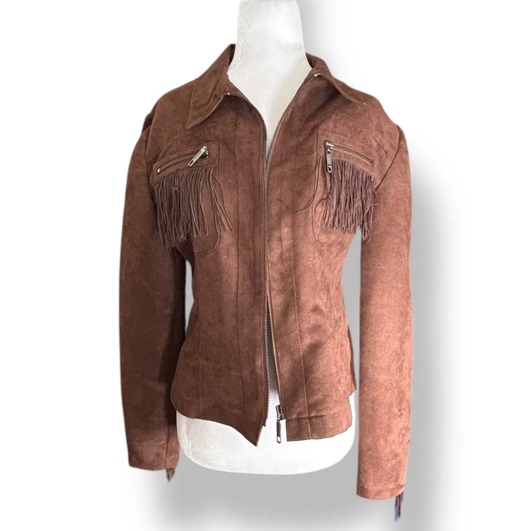Vintage Y2K Panhandle Slim Brown Faux Suede Leather Fringe Western Jacket Small - Image 4