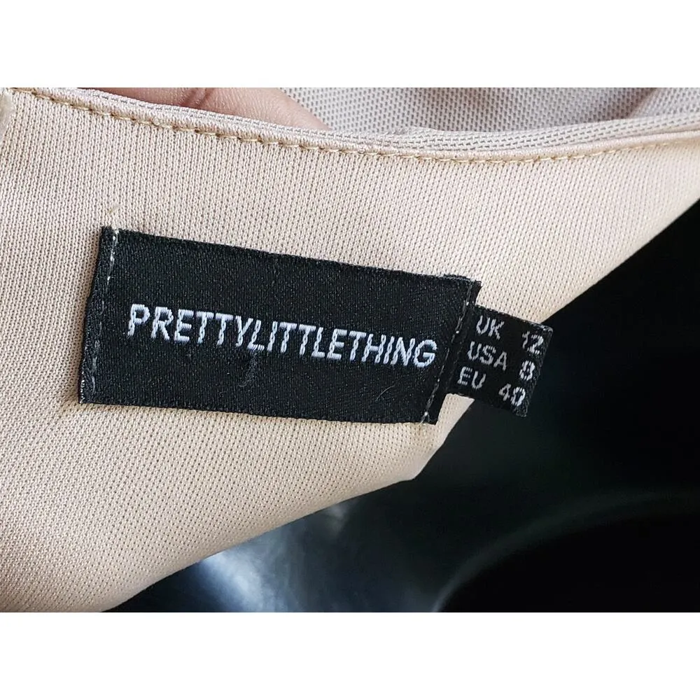 PRETTYLITTLETHING Party Dress Womens 8 Beige Ruched Pleated Long Sleeve Back Zip - Image 2