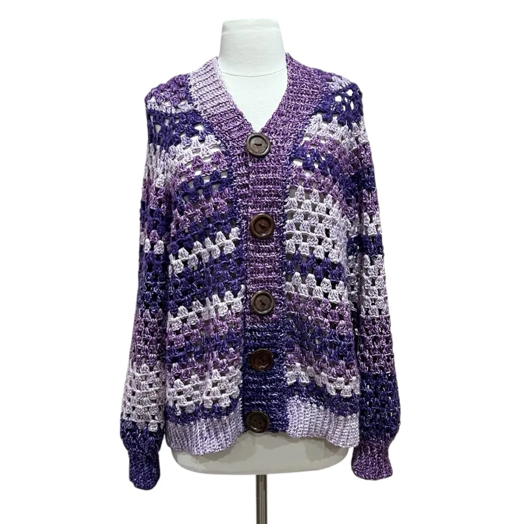 Granny Pop Purple Crochet Hand Knit Cardigan Size Large - Image 14