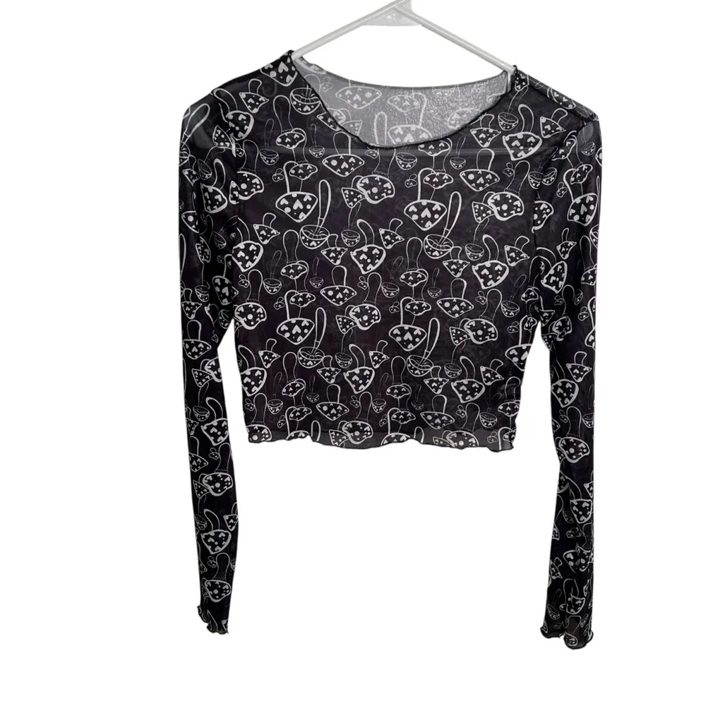 Shein Mesh Long Sleeve Crop Top Black Mushrooms Hearts Lettuce Hem 6 - Image 2