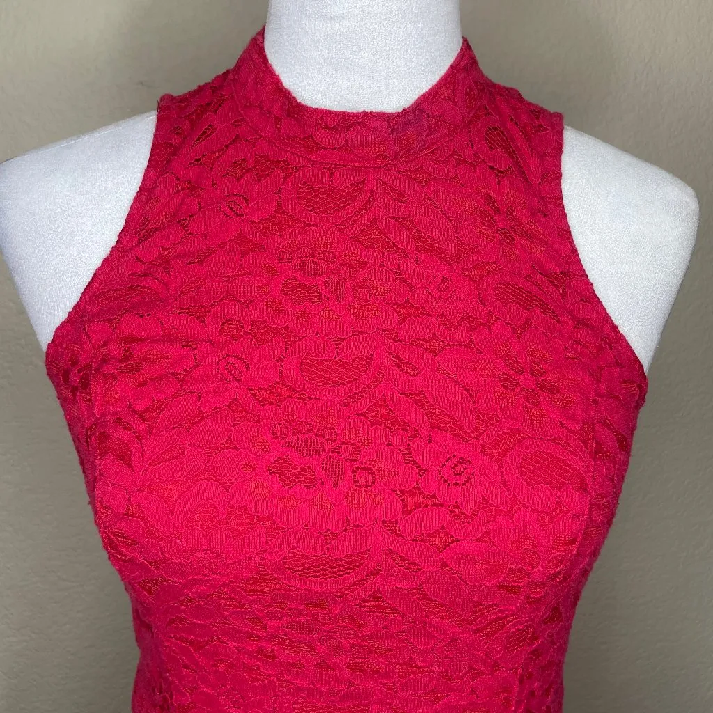 Womens Red Lace Apron Neck Sleeveless Cut Out Back Side Zip Dress Sm - Image 2