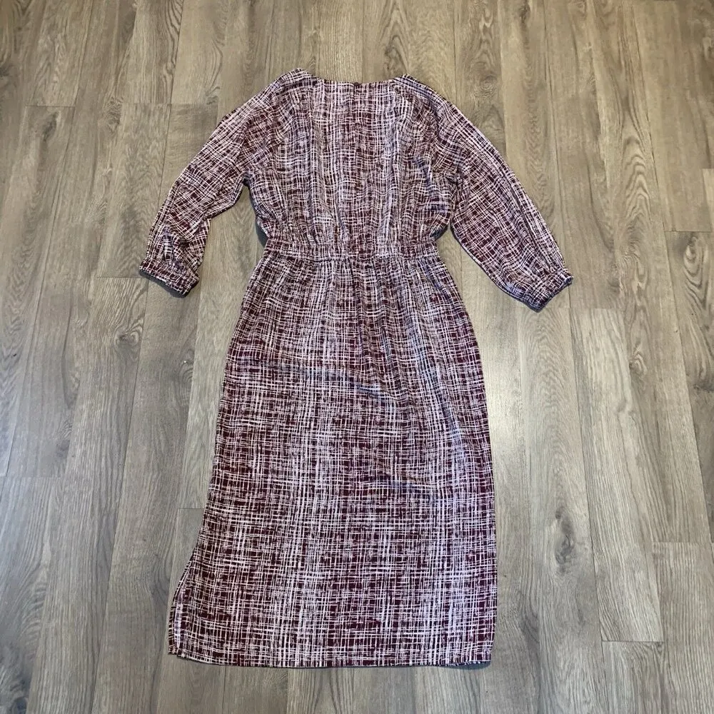 Prologue Dress Womens Size Small Burgundy Printed 3/4 Sleeve Midi Cinched Waist - Image 6