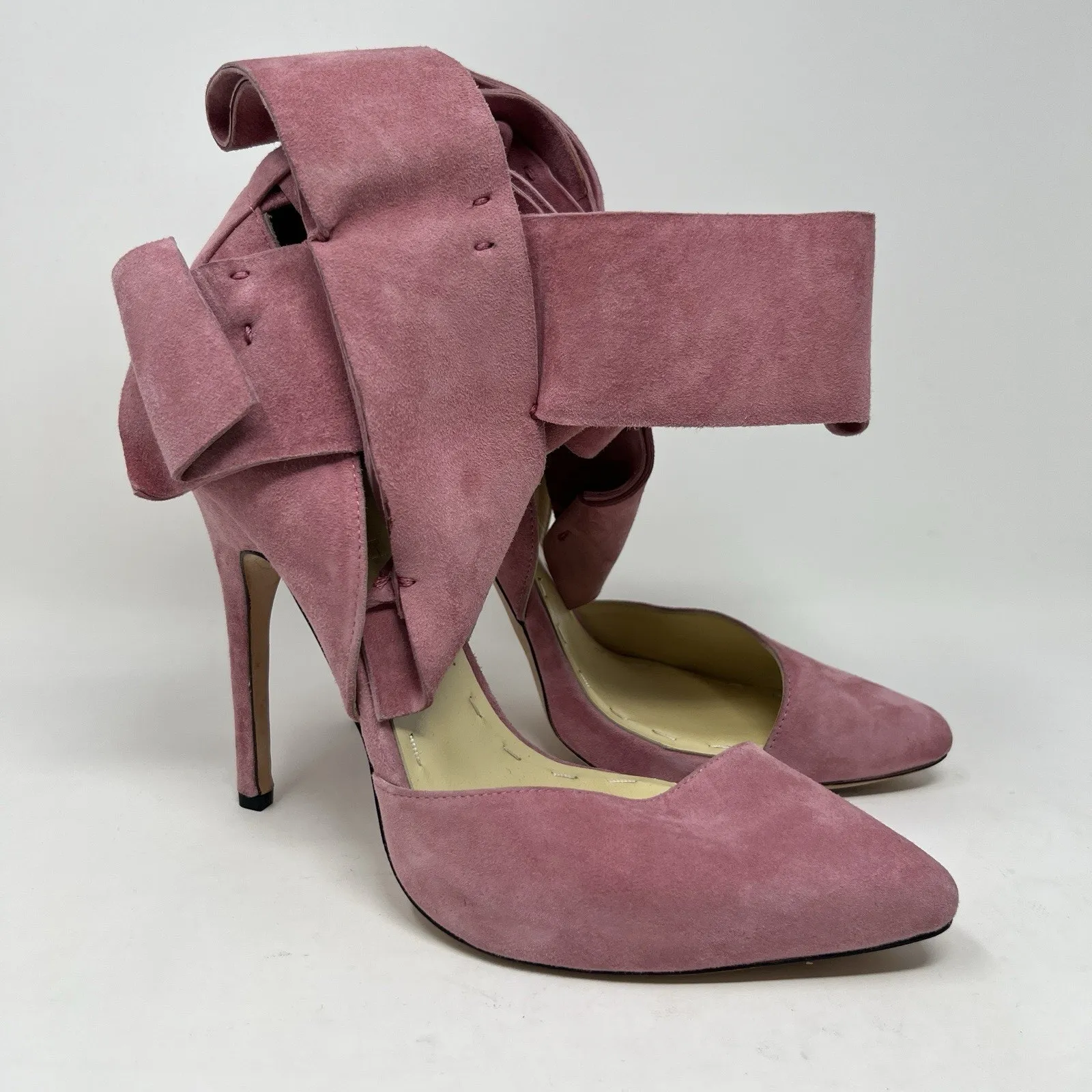 Aminah Abdul Jillil Pink Suede Bow Pumps Stiletto Heels‎ Pointed Toe Size 11 - Image 2