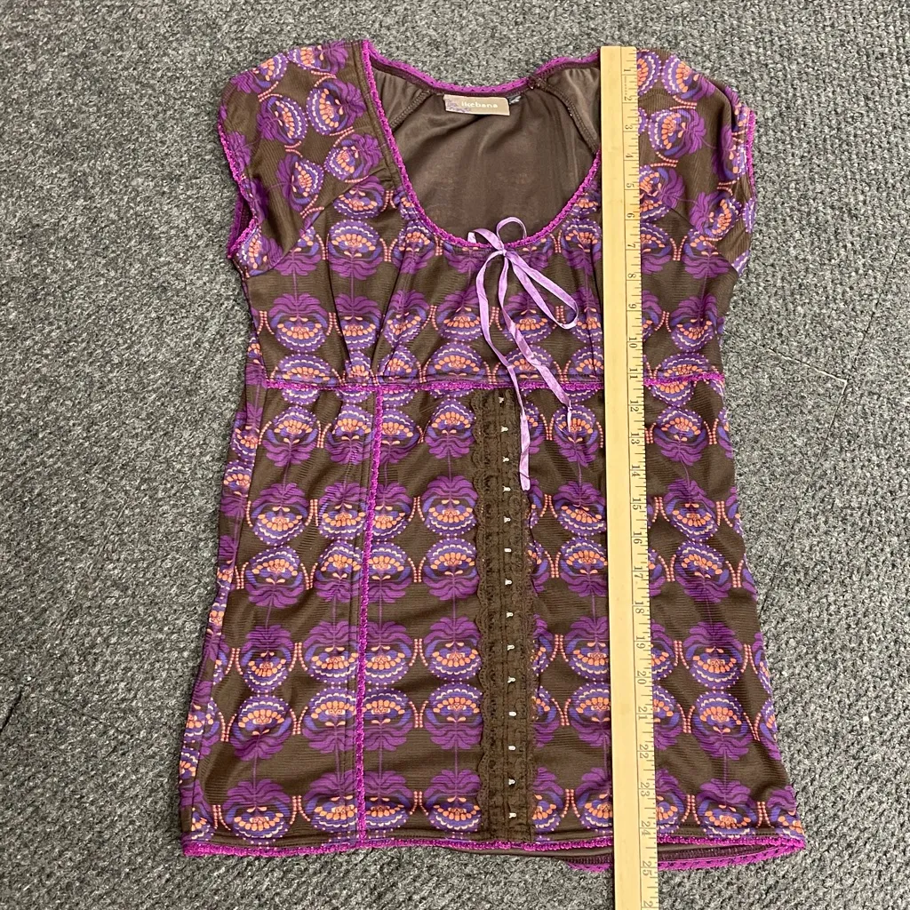 Ikebana Purple Women's Top Cap sleeves Y2K Semi Sheer Hooks tie baby doll Size M - Image 9