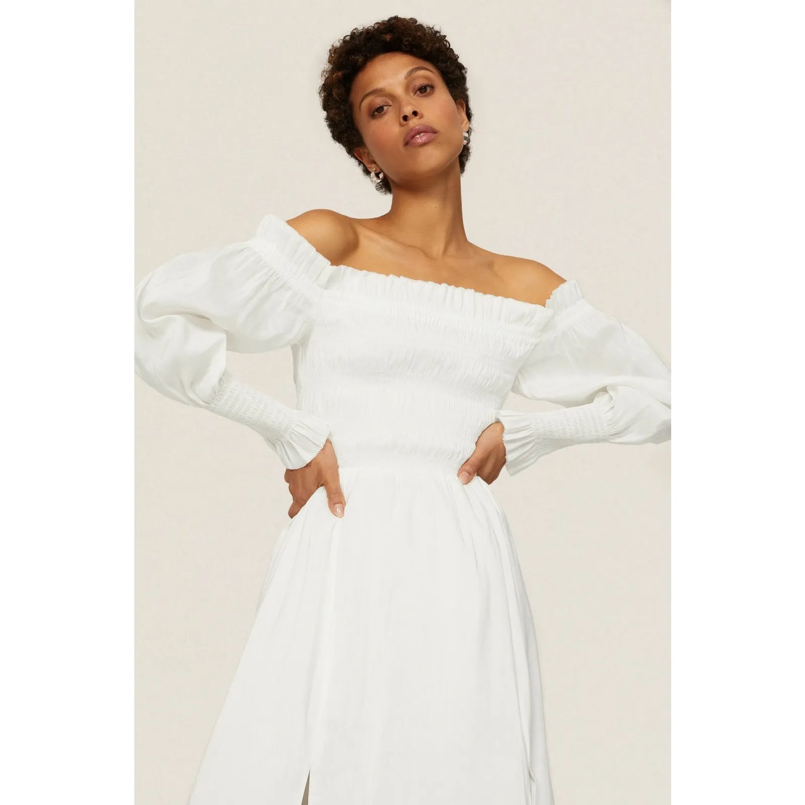 AllSaints Lary White Long Sleeve Off Shoulder Slit Linen Silk Midi Dress Size 4 - Image 4