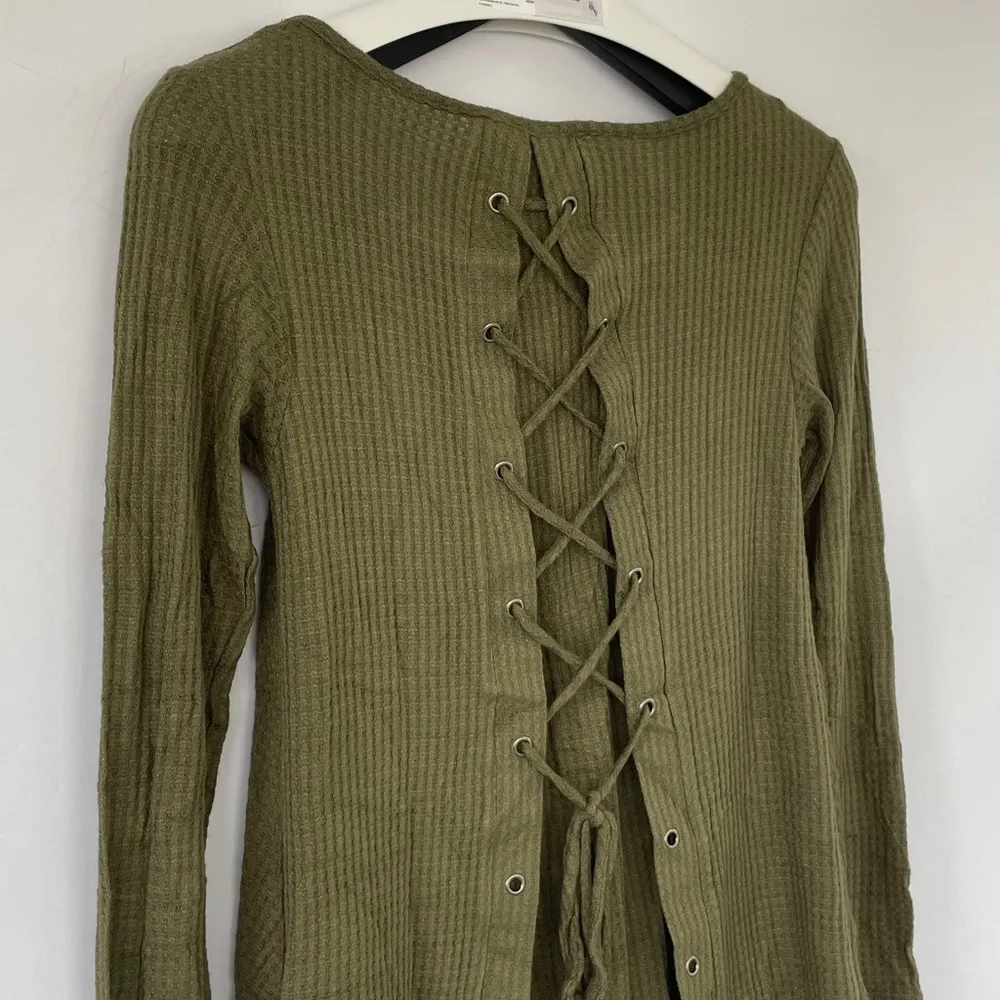 Sage Green Waffle Knit Long Sleeve Lagenlook Top Corset Back Small - Image 7