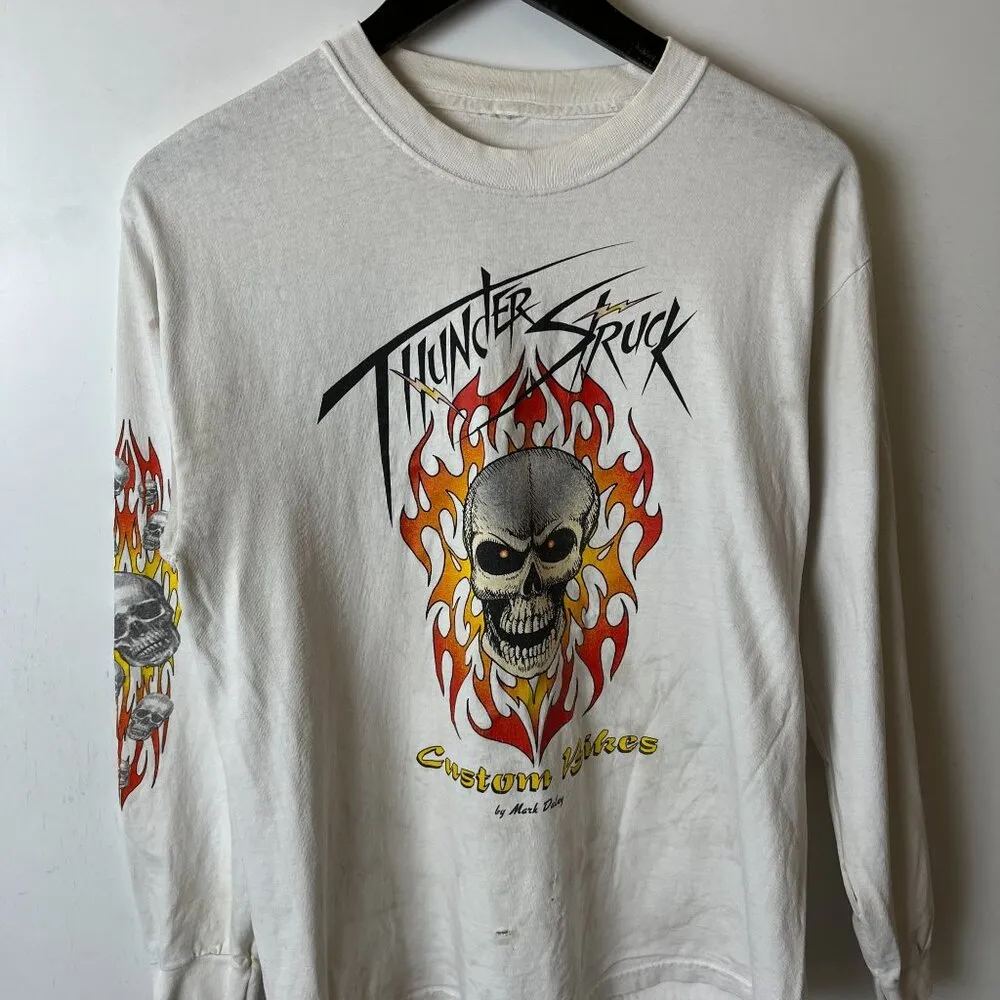 Distressed Vintage Y2K Thunder Struck Custom Bikes T Shirt White Small Skull - Image 13