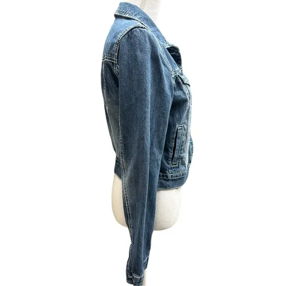 Vanity Distressed White Top‎ Stitch Blue Jeans Jacket Size M Size M - Image 4