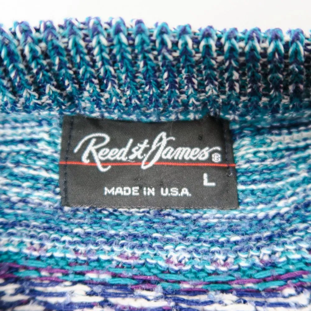 Vintage 80s Reed St. James Teal and Purple Striped Geometric Knit Sweater Size L - Image 4