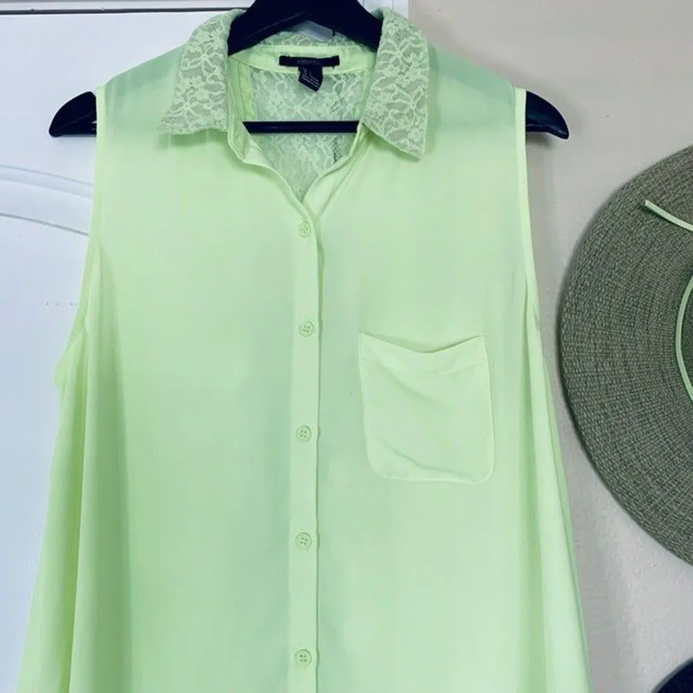 Forever 21 Y2K Neon Highlighter Yellow Sheer Sleeveless Button-Up Blouse Size L - Image 4