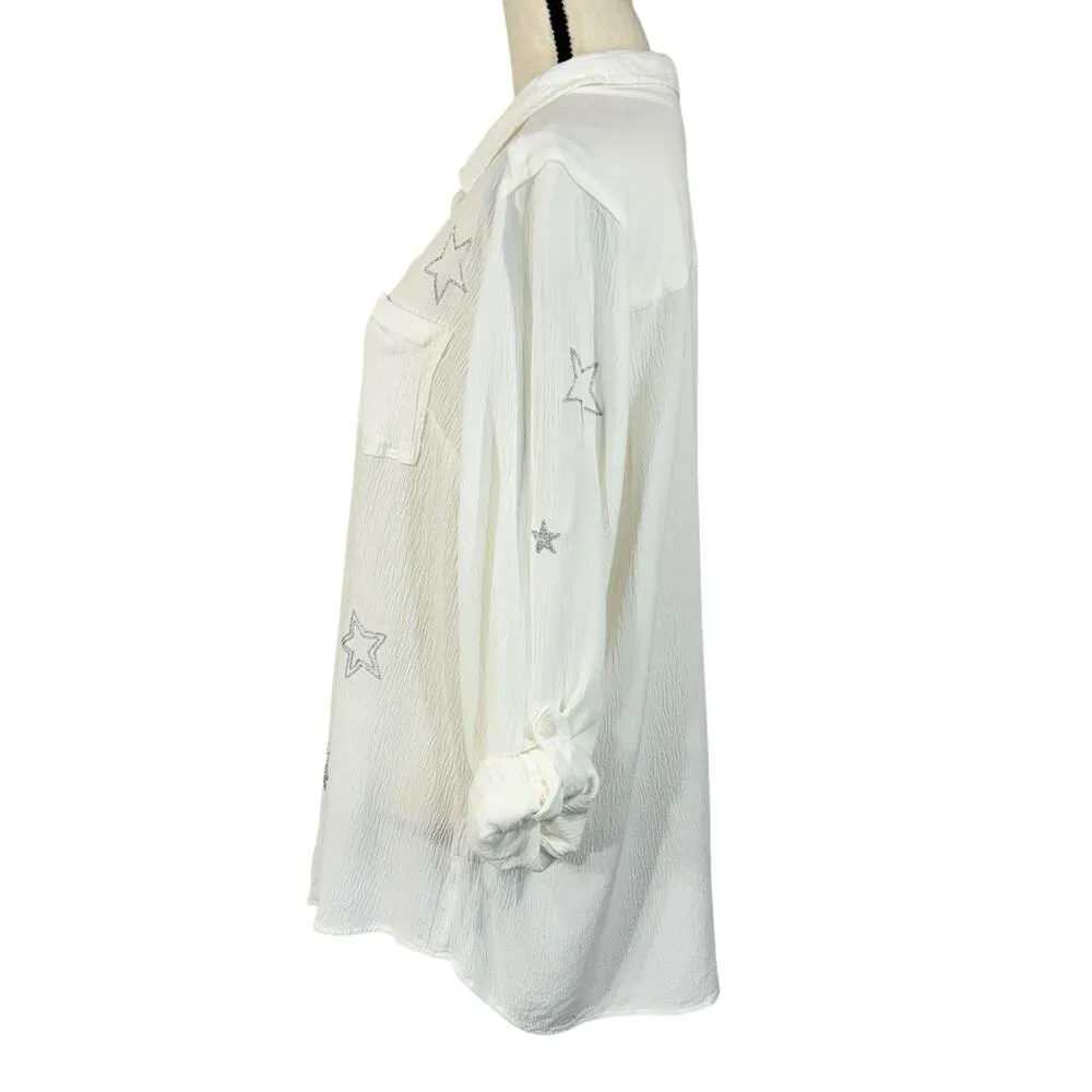 Torrid SZ 3 (3X-Large) Top Button-Up Gauzy Silver Stars Roll-Tab Sleeves Pocket - Image 8
