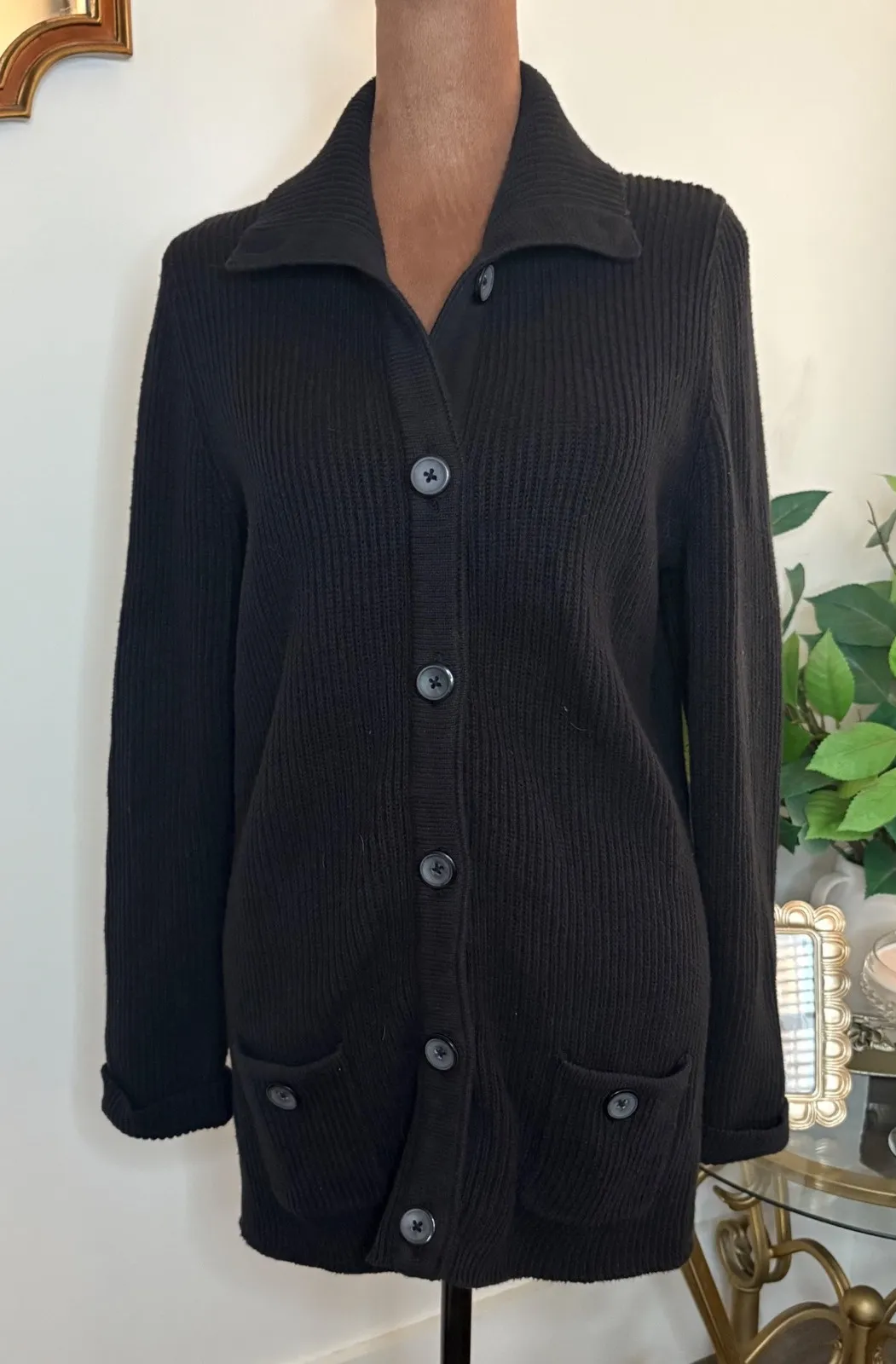Denim & Company Black Knit Cardigan Sweater Jacket Pockets Button Front Size M - Image 1