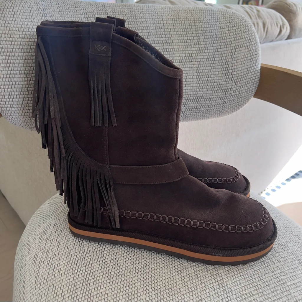 NWT Free People Faye Fringe Faux Fur Boots in Chocolate Brown Suede - Image 3