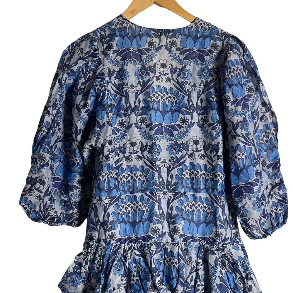 Sandro Yana Blue Floral Print Puff Sleeve V-Neck Tiered Mini Dress Size M - Image 12