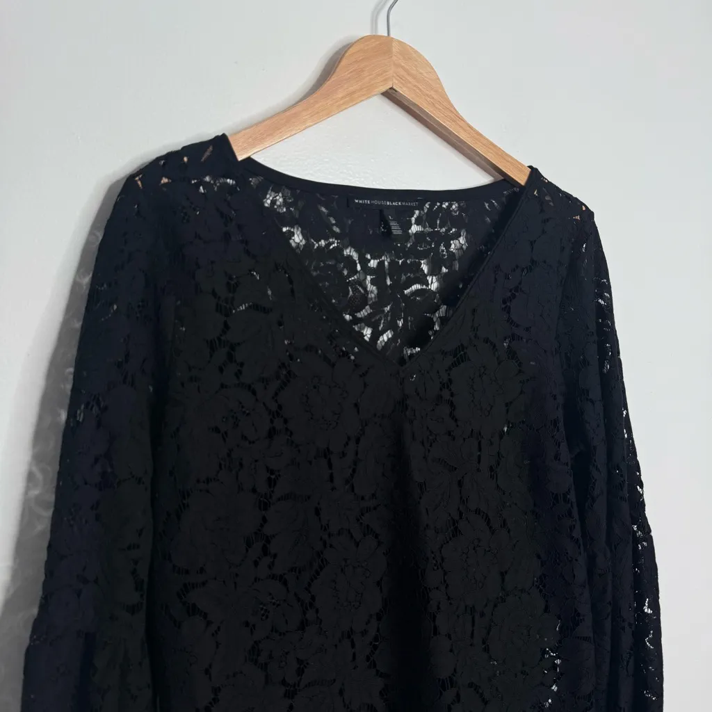 White House Black Market Black V-Neck Lace Top w/ Inner‎ Tank Top Size Large - Image 2