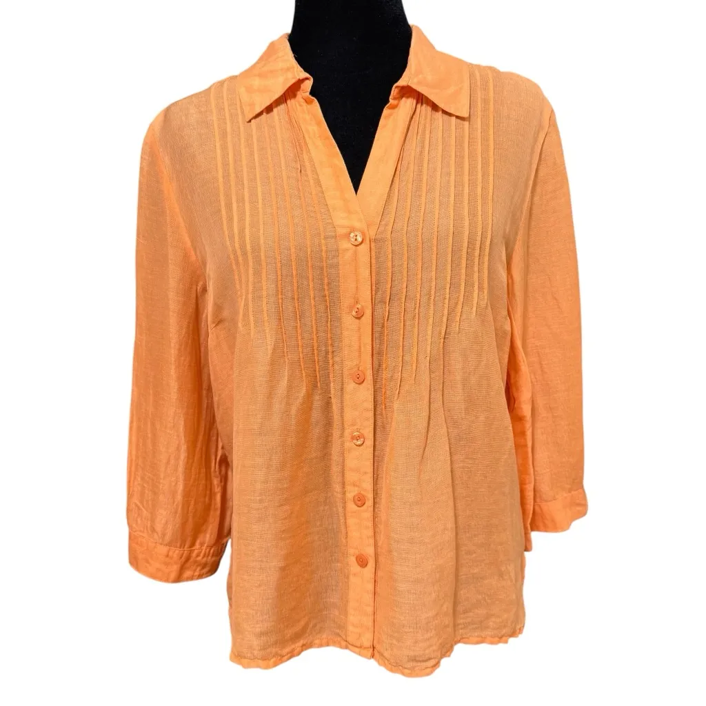 Coldwater Creek Orange Linen Silk Blouse Large Sheer Pintuck Button 3/4 Sleeve - Image 2
