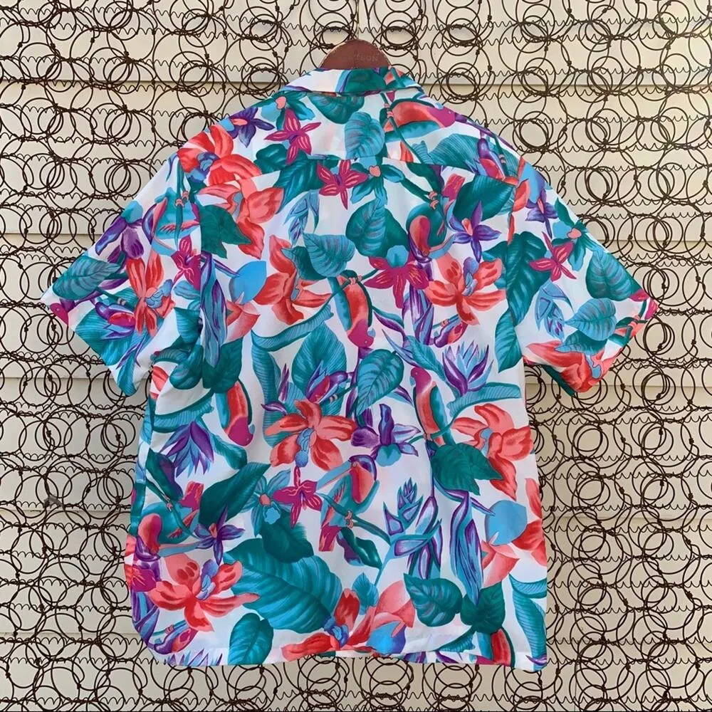 Vintage Hilo Hattie Hawaiian bright tropical button down shirt XL blue teal Pink - Image 4