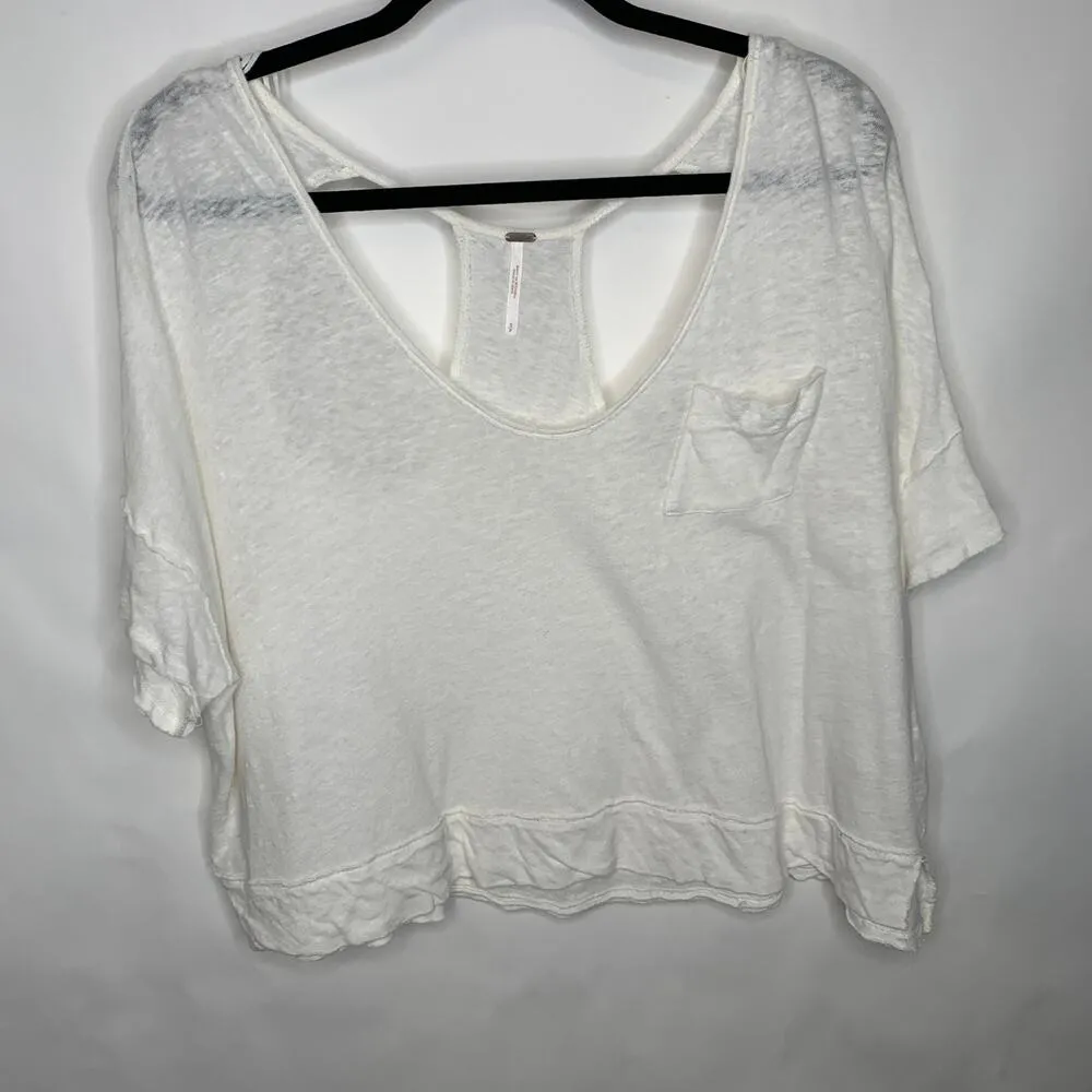 Free People Slouchy Cropped Oversized Linen Blend Cream Tee Shirt Sz Small - Image 4