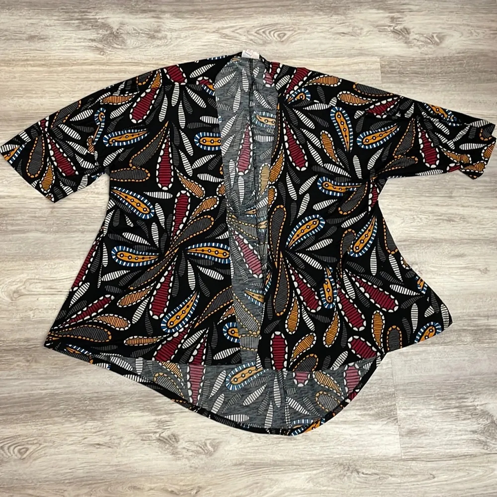 Black Multi-Color Paisley Print Open Front Short Sleeve Cardigan Size S - Image 3