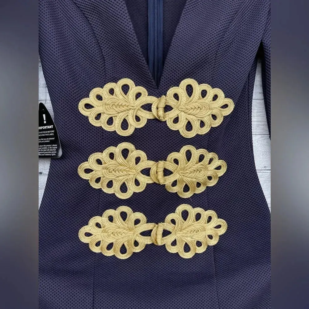 Rare London Navy Deep V-Neck Military Style Dress XS - Image 6