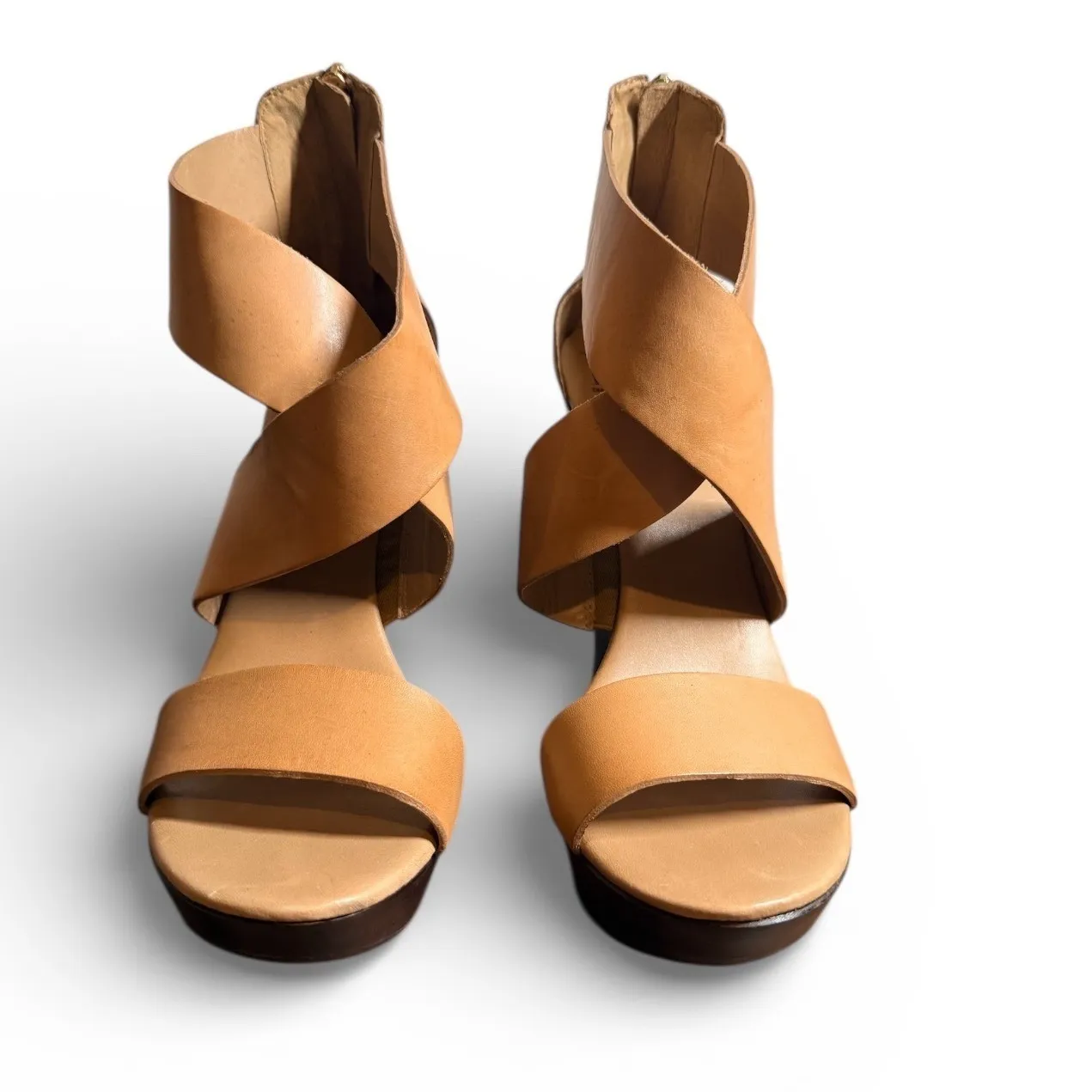 Diana Von Furstenberg Opal Tan Leather Wood Wedge Platforms Women's Size 10 - Image 2