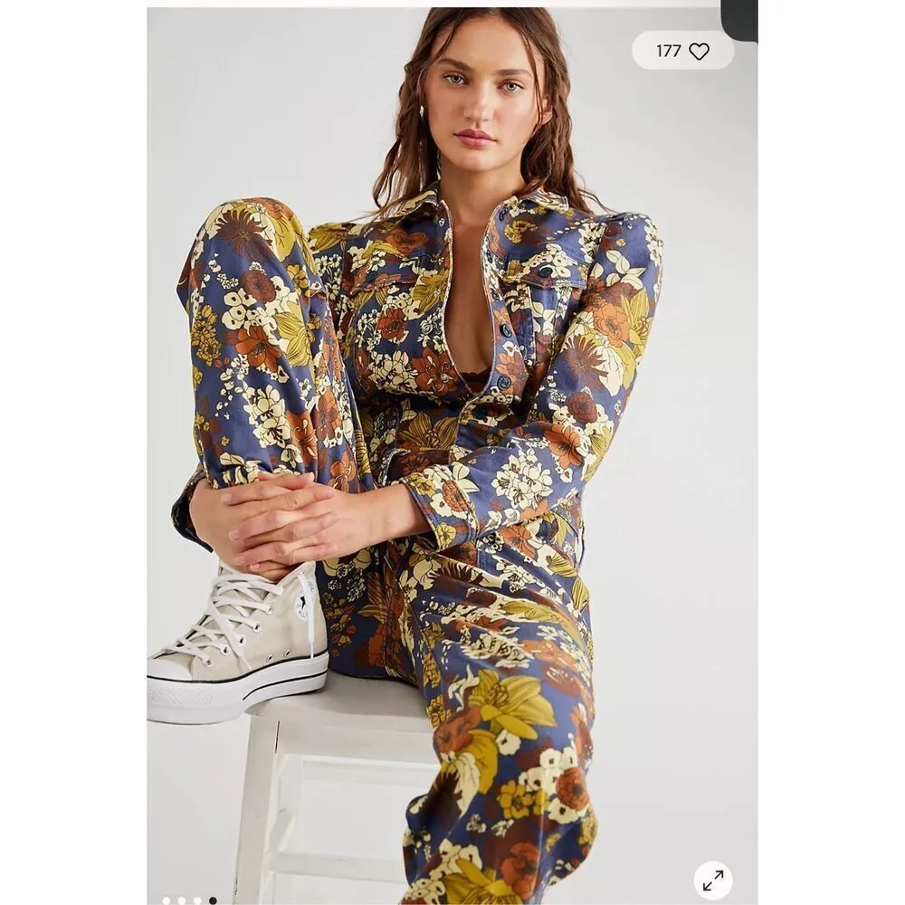 MOTHER The Puffy Wrapper Floral Denim Jumpsuit Flowers in Her Hair L Tan Size L - Image 14