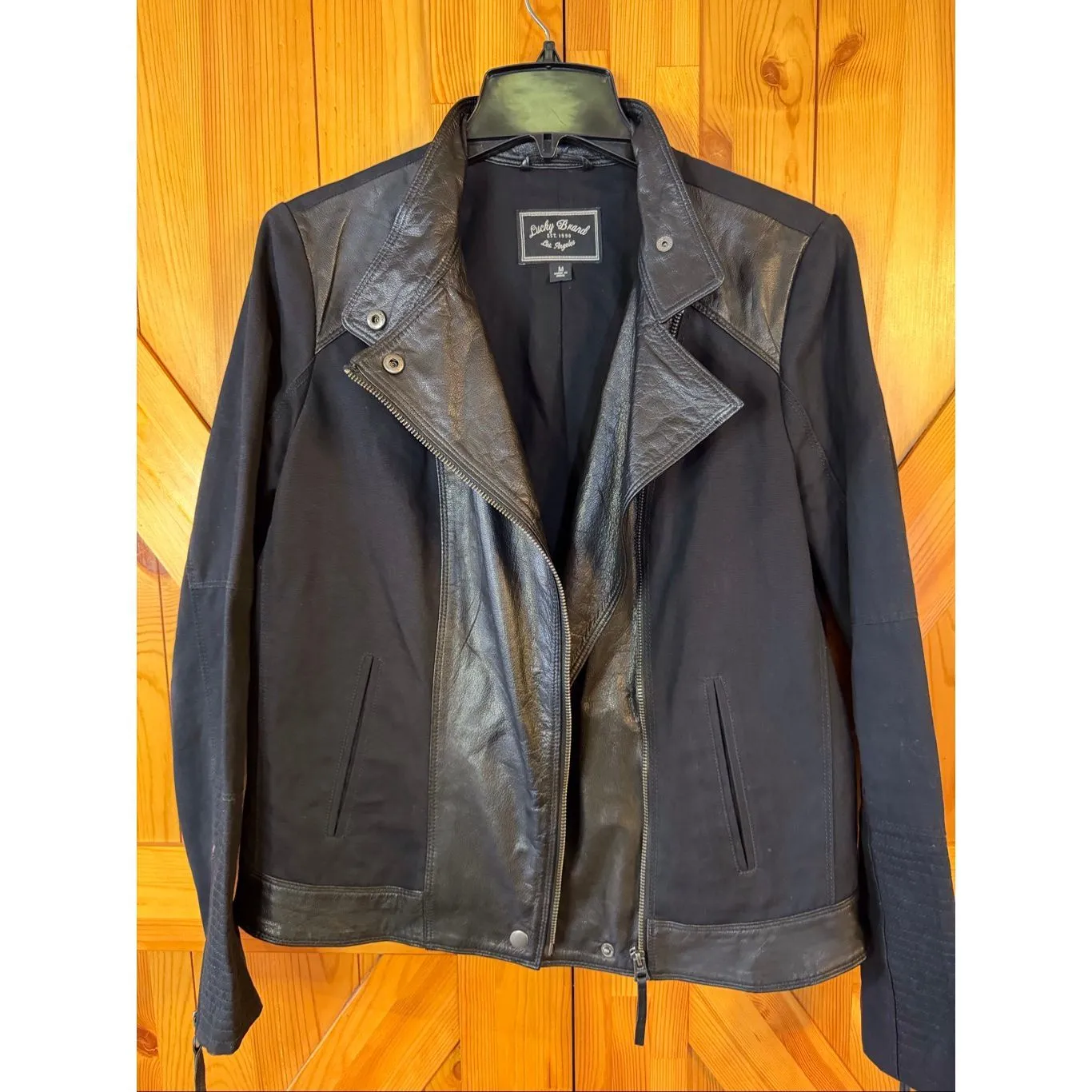Lucky Brand Women’s Black Moto Mix Leather Cotton Jacket READ Size Medium (6479) - Image 2