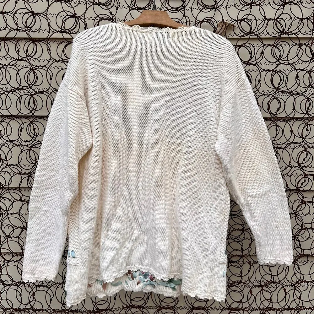 Vintage 90s Casual Corner pastel ribbon embroidered floral sweater LARGE Pink - Image 3