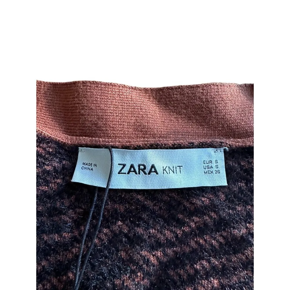 Zara Women's Animal Print Long Knit Cardigan Size Small Brown & Black Pockets - Image 8