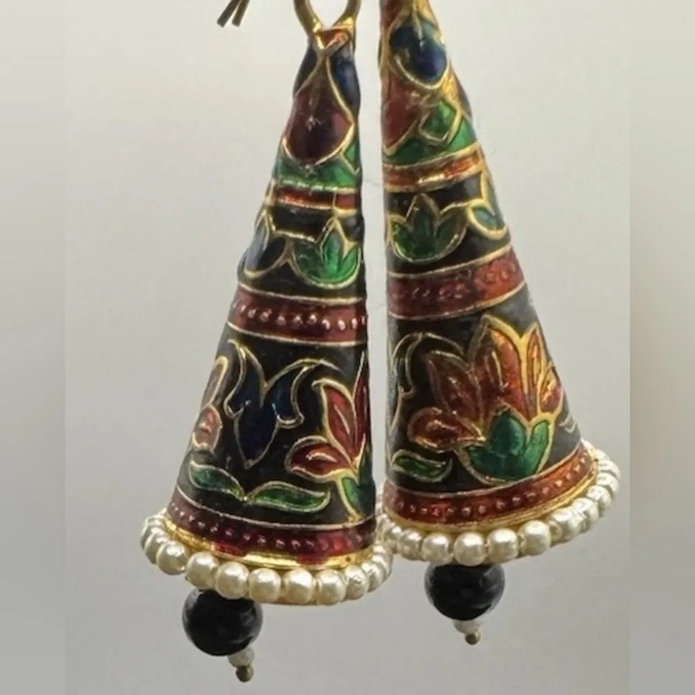 Meenakari Cone Earrings with Beads. Large Multicolor Hook Closure. Enamel. - Image 3