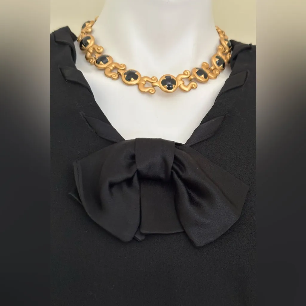 LAURA ASHLEY Black Vintage 1990’S Long Sleeve Black Bow  Wool Dress Pleated Sz 8 - Image 5