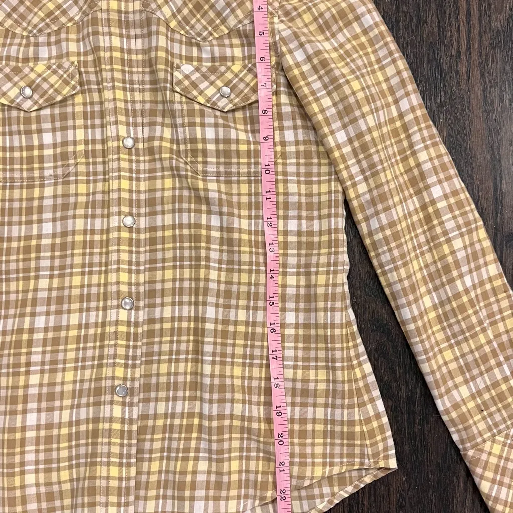 Theory Western Pearl Snap Shirt Small Yellow Brown Plaid - Image 4