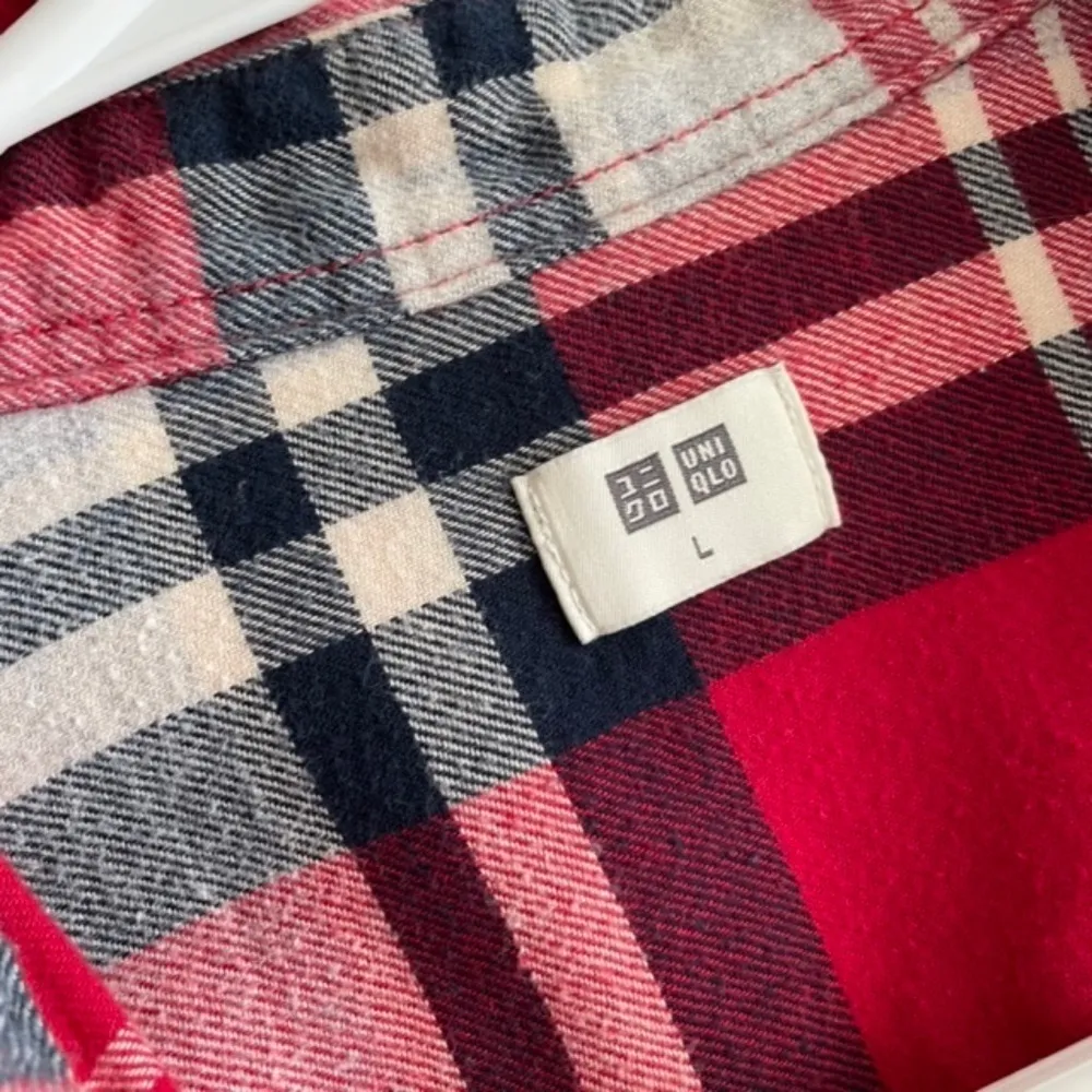 3/ $25 L- Uniqlo Red, White, and Black Checkered Button Down Flannel Top - Image 4