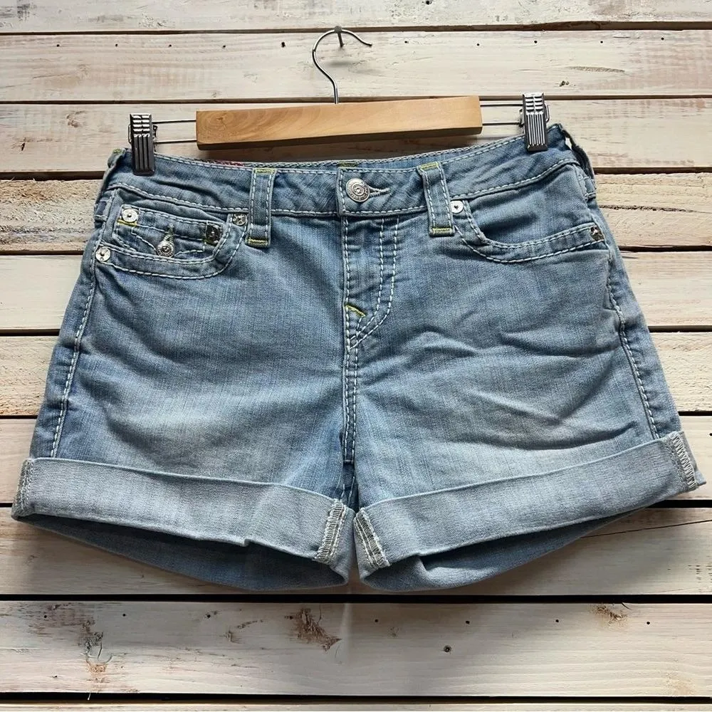 True Religion 20269-06 Mid Cutoff Flap Denim Shorts Big T Nat Marigold Sz 27 Y2K - Image 3