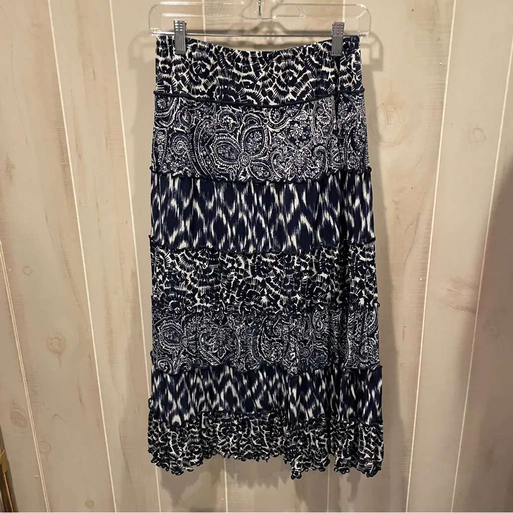 Cute navy white multiprint ruffle boho maxi elastic waist pull on skirt flowy - Image 8