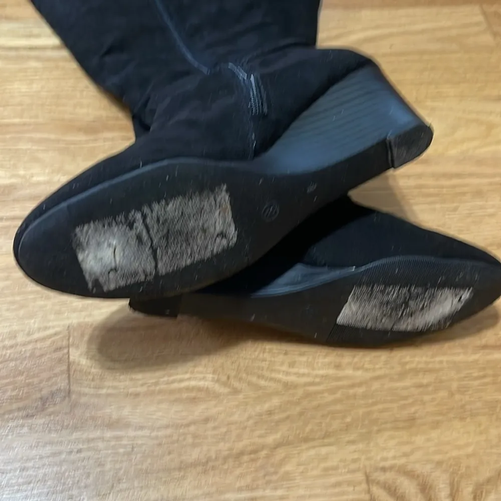 Black Over the Knee Boots with Wedge Heel and Silver Buckle Size 8 - Image 4