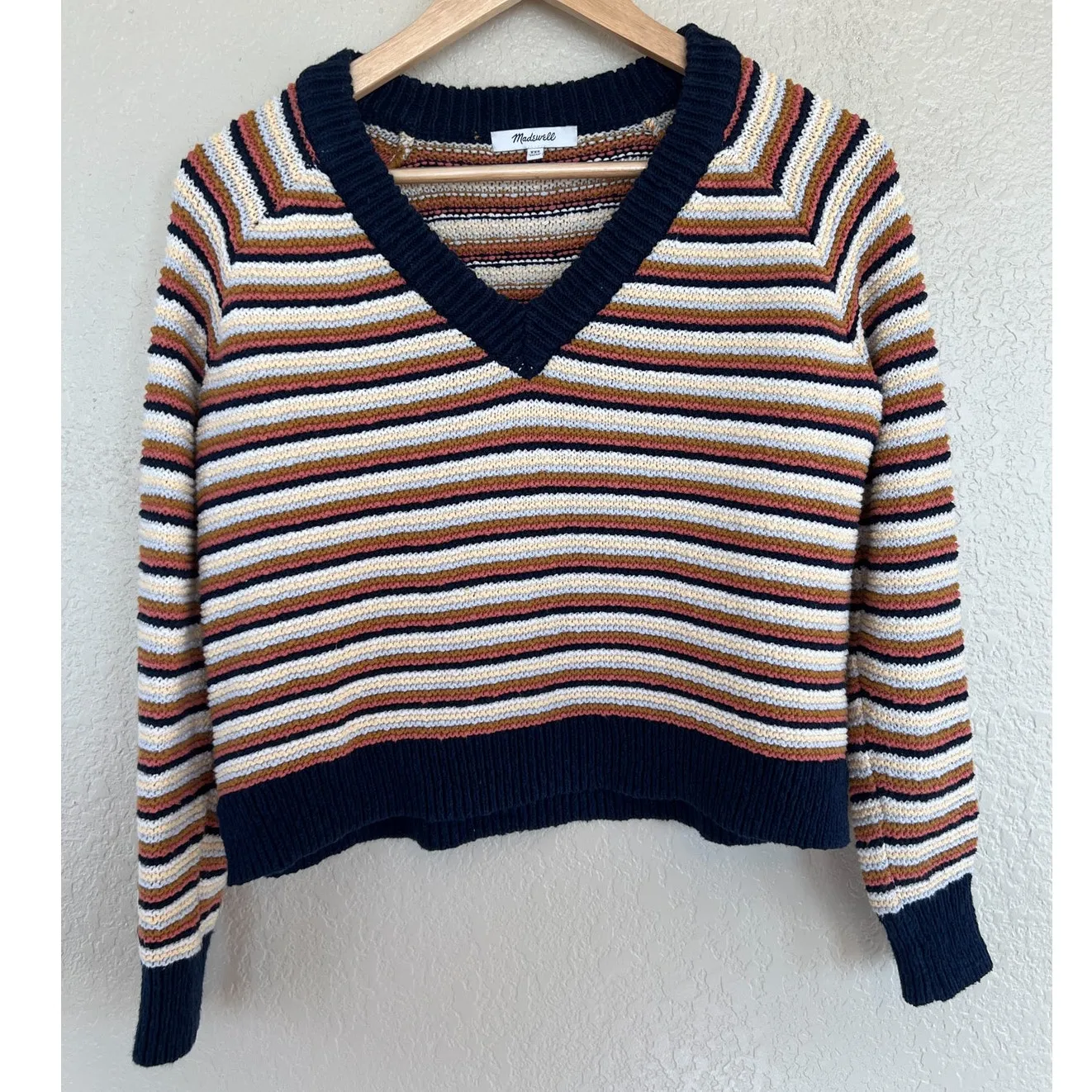 Madewell Arden Striped V-Neck Pullover Sweater XXS Cropped Knit Cotton Sweater - Image 2