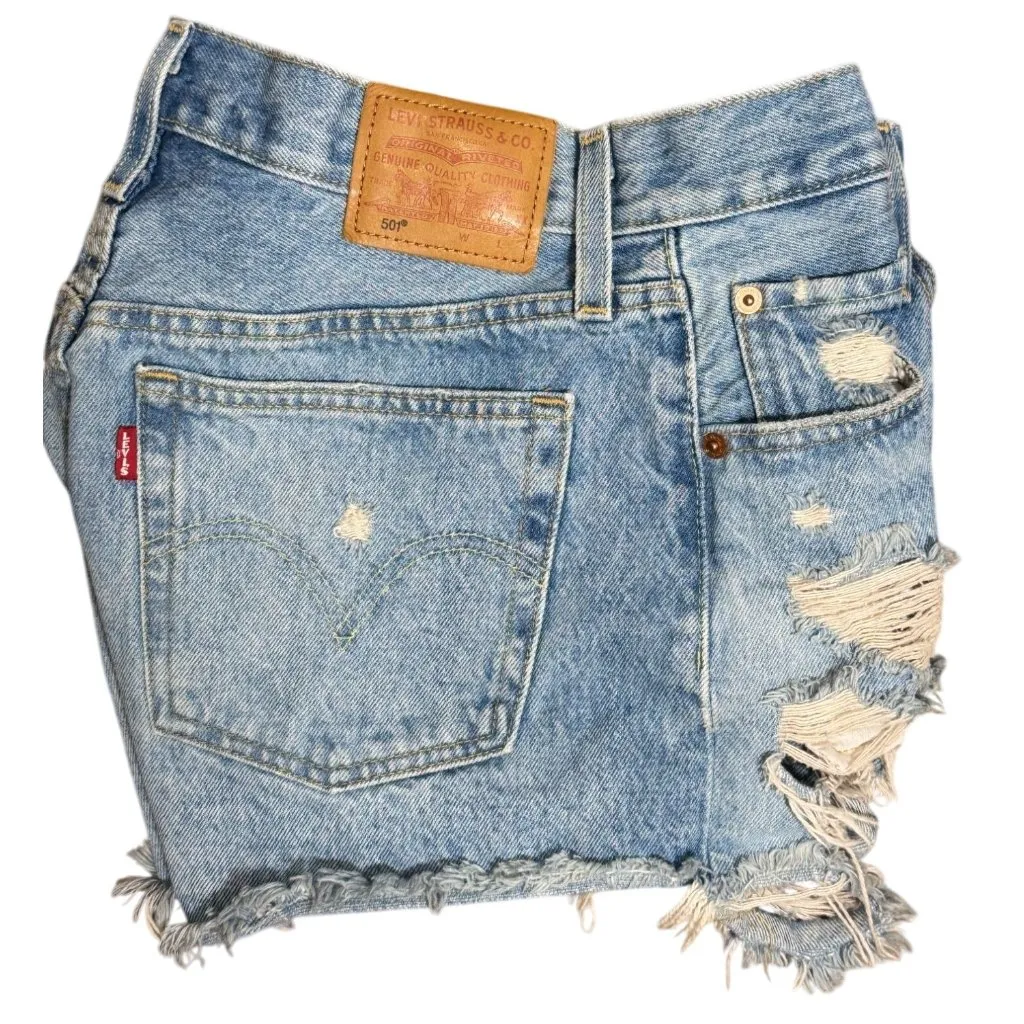 Levi's Premium 501 Shorts 26 Womens Distressed Denim Blue Ripped High-Waisted - Image 2