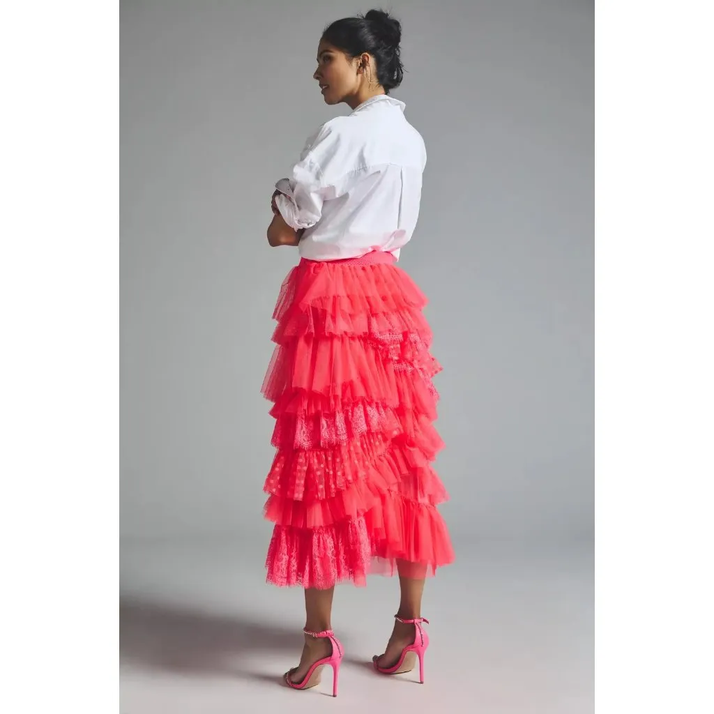 NWT by Anthropologie Ruffled Tulle Midi in Neon Pink Layered Skirt S - Image 5