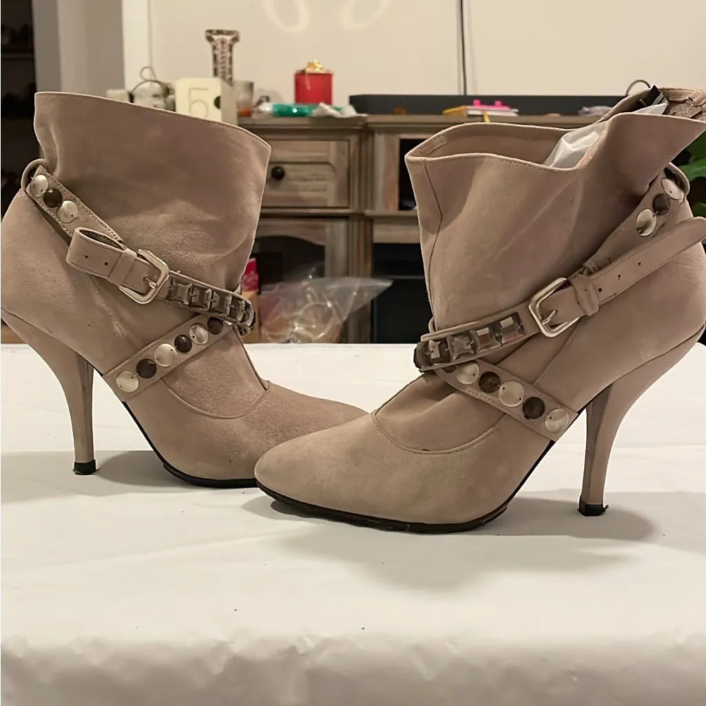Steven By Steve Madden Genuine Leather Suede Gray Heeled Boots w Studded Straps - Image 2