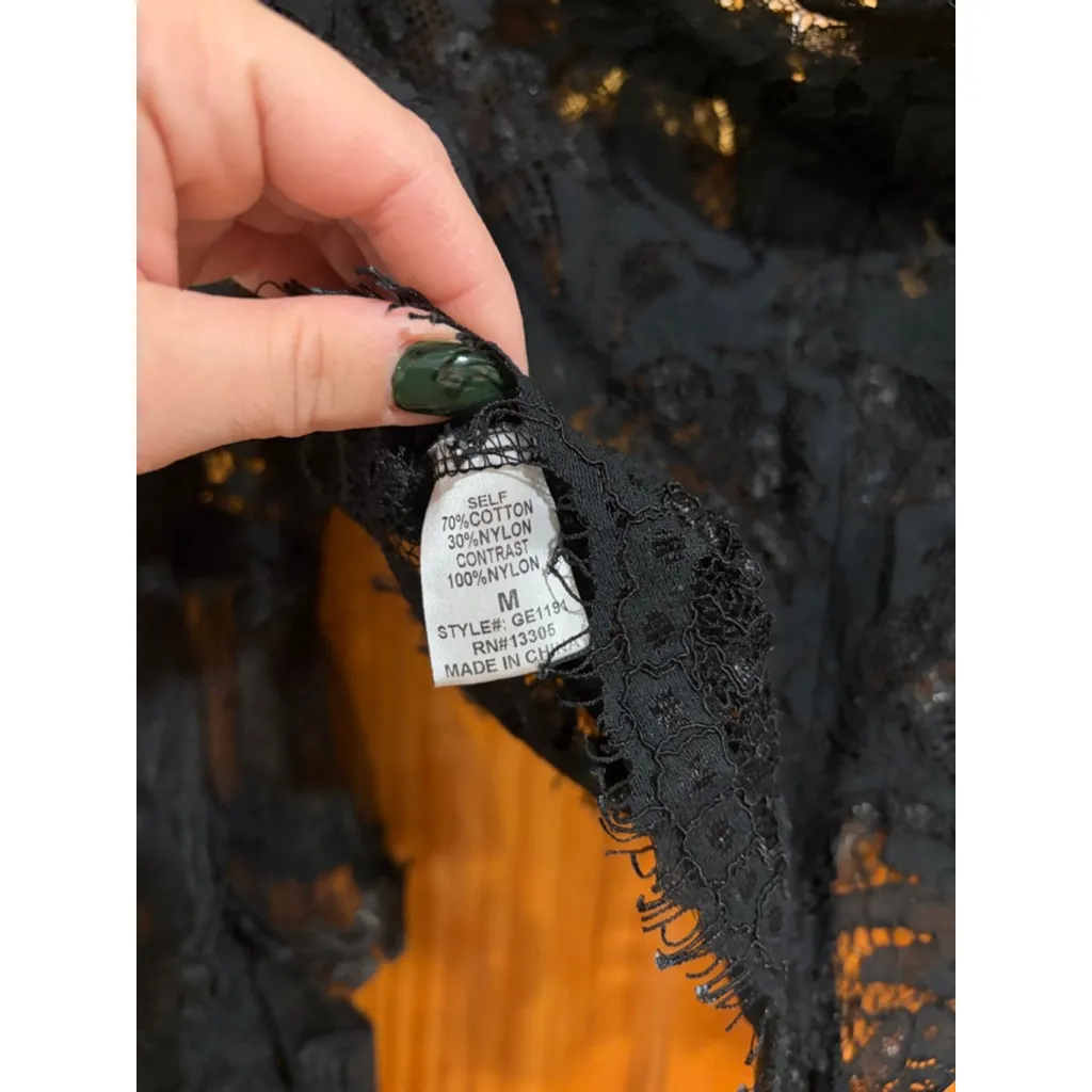 San Joy Black Lace Off Shoulder Crop Top Bell Sleeve Floral Gothic M - Image 7