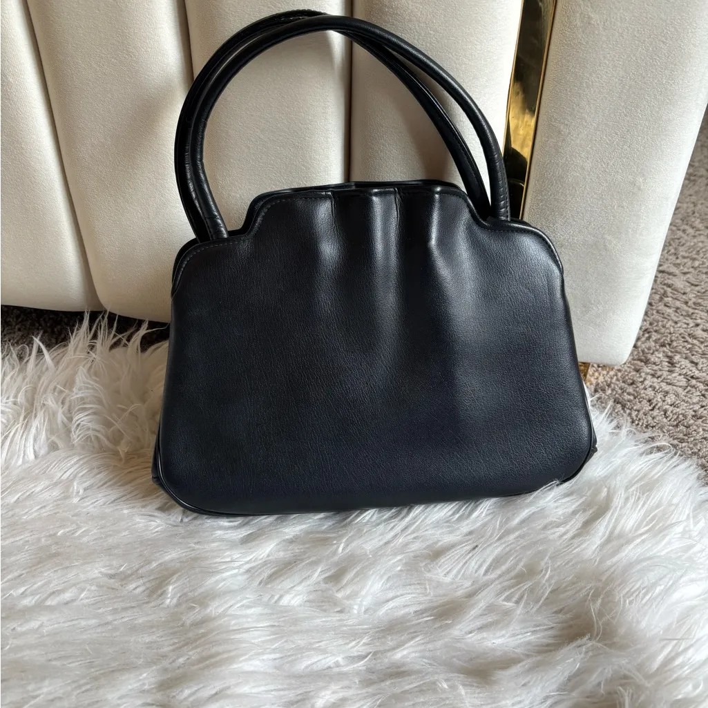 Vintage Black Leather Handbag scallop top - Image 2