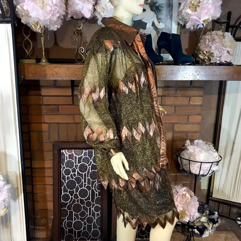 VINTAGE 1980'S KANAR LEATHER AND MESH SHARK BITE HEM COCKTAIL DRESS & JACKET (M) Brown Size M - Image 5