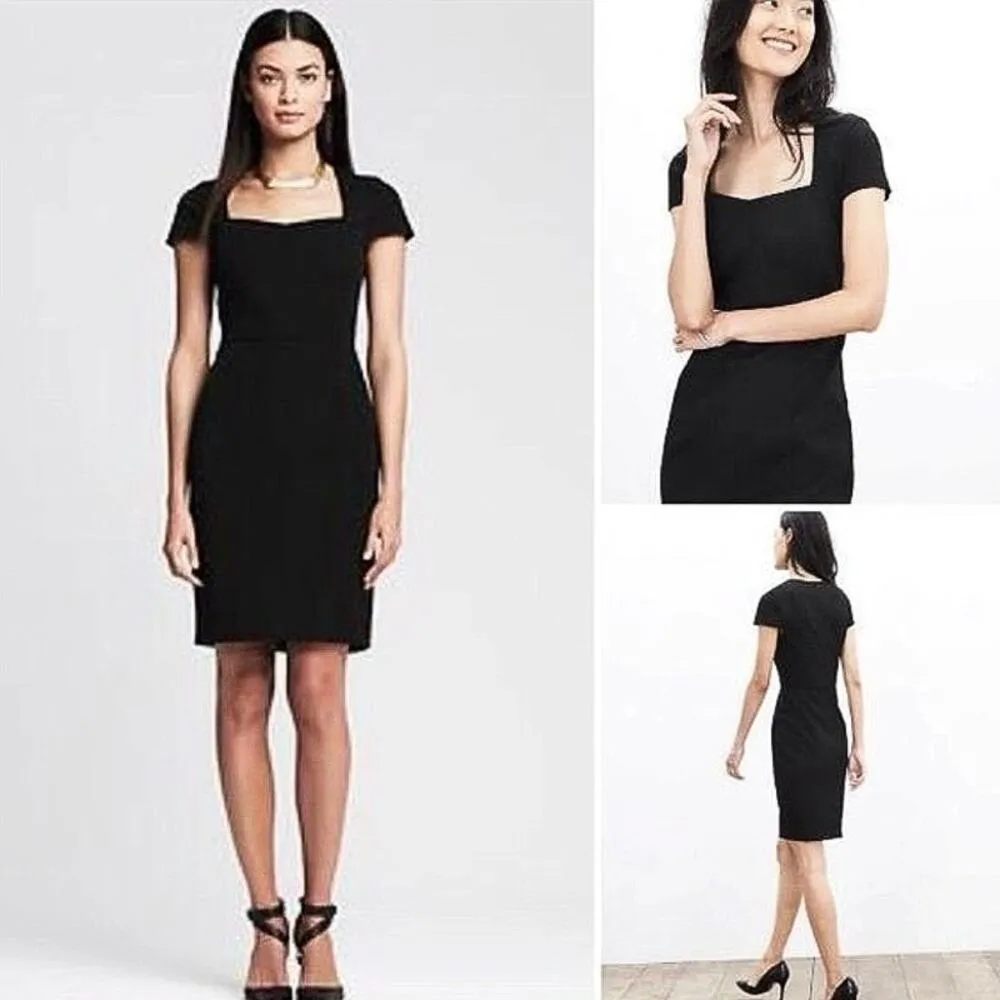 Banana Republic Black Square Neck Short Cap Sleeve Knee Length Sheath Dress 2 - Image 3