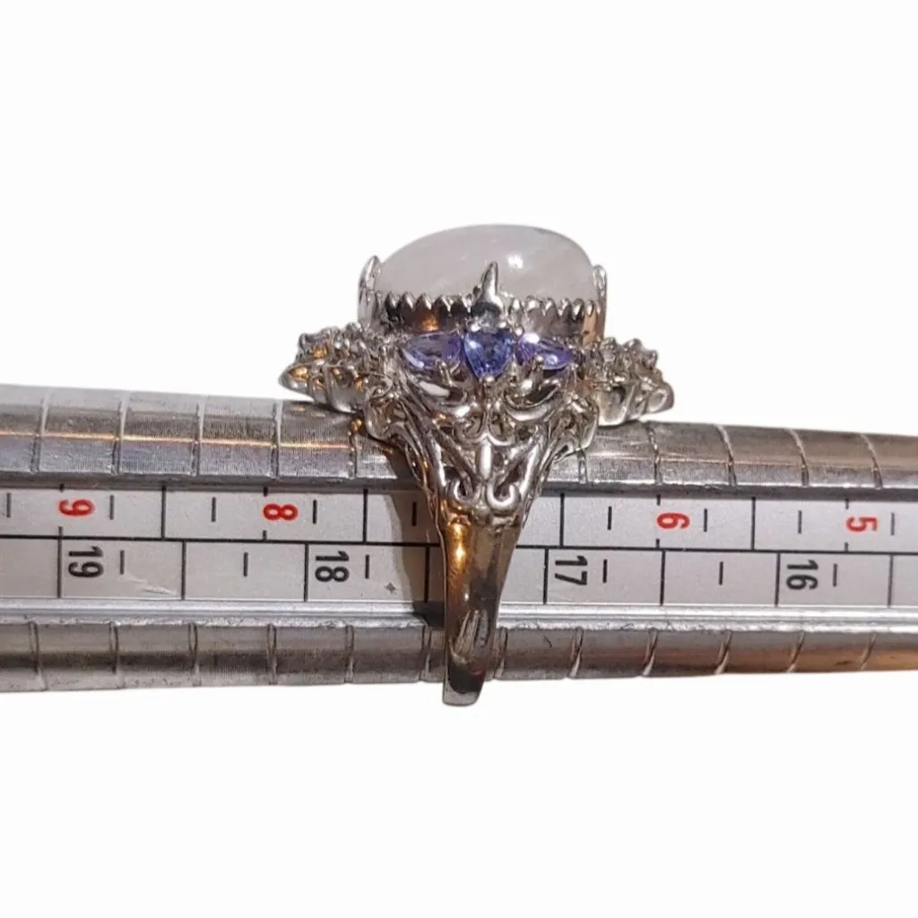 Oval Rainbow Moonstone Ring Size 7 Tanzanite Filigree Sterling Silver Stamp 925 - Image 8