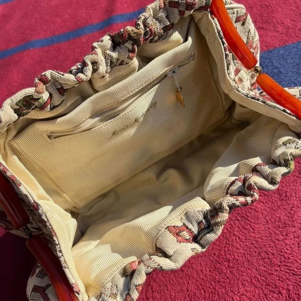 Morris Moskowitz Vintage Aztec Tapestry Leather Hobo Bag Purse Lined Logo - Image 3