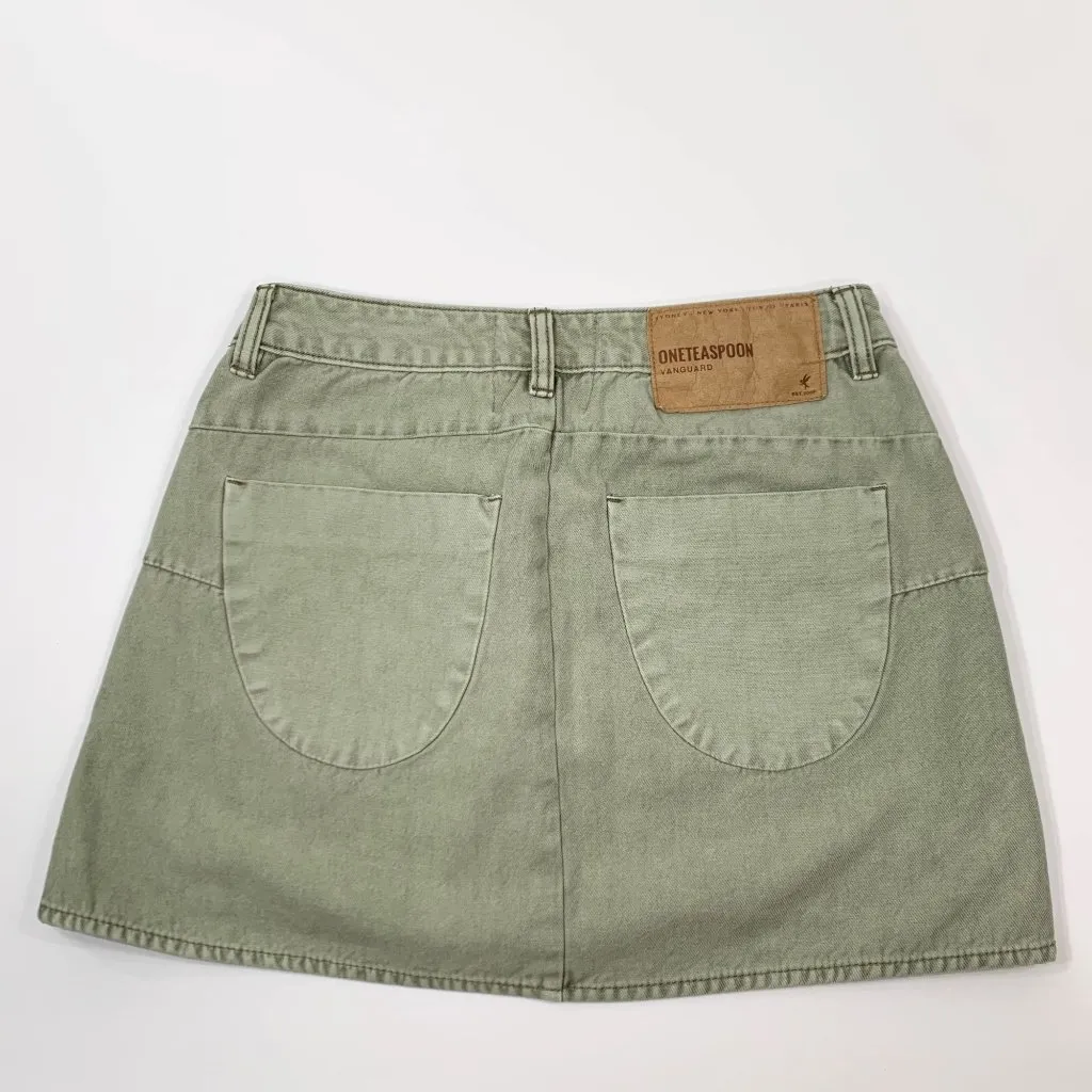 ONETEASPOON Vanguard Mid Rise Relaxed Denim Mini Skirt In Olive - Image 4